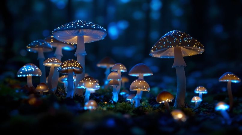 蘑菇视频夜林微光篇配图：暗林中泛着蓝色微光的一丛蘑菇，艺术化画面