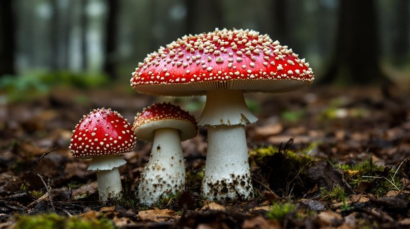 蘑菇视频林下易混对照配图：林地上红色菌盖带白色鳞片的毒蝇伞