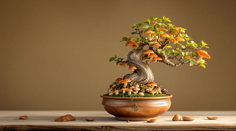 蘑菇视频盆景小菌园配图：陶盆盆景的枝干与盆土间点缀着小蘑菇